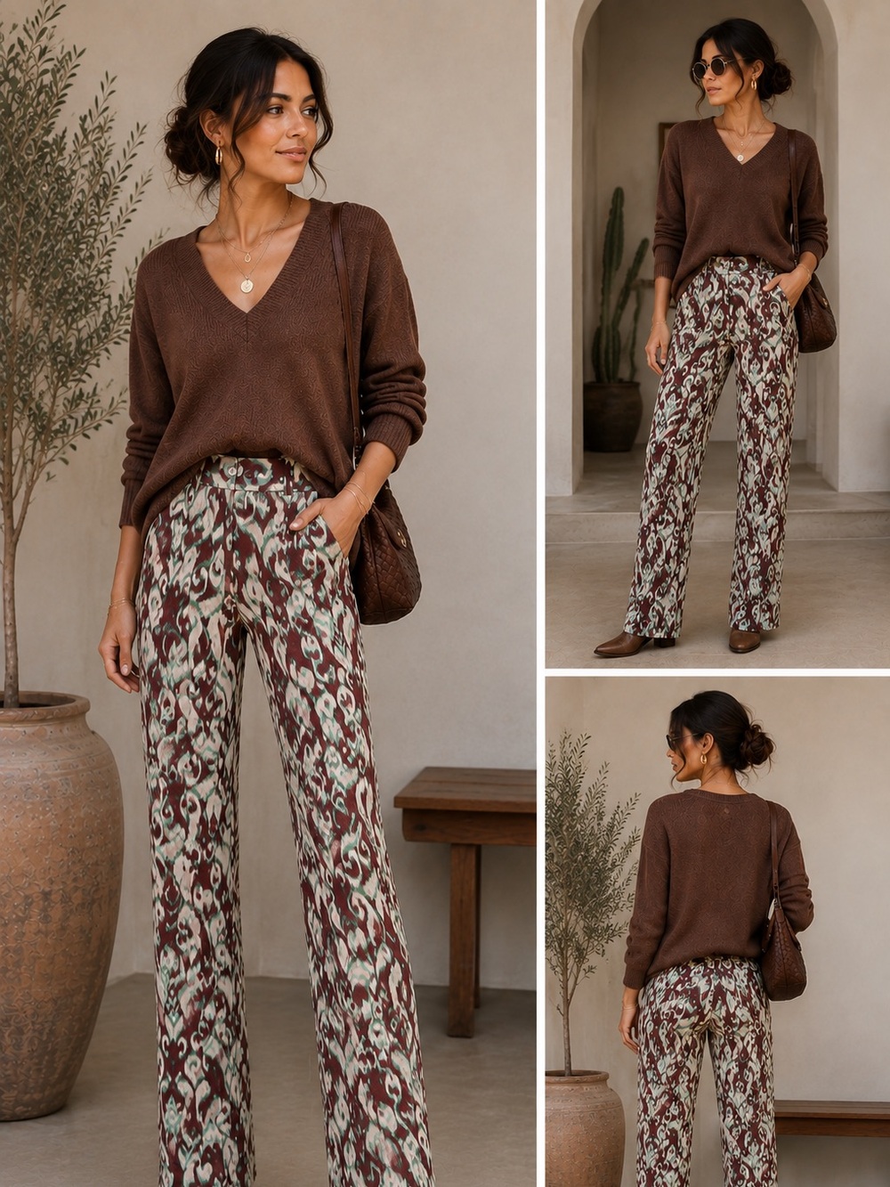 Zara Burgundy, Cream & Green Printed Wide-Leg Pants